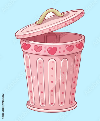Illustration of a pink trash can with heart patterns and an open lid for romanticizing chores and feminine house cleaning apps