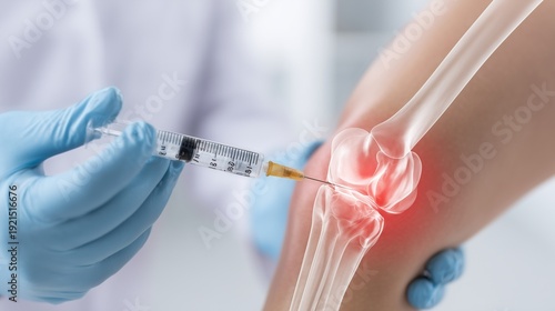 Gloved clinician injecting platelet-rich plasma into a painful knee joint to treat osteoarthritis, visual fusion of syringe, knee anatomy, and inflammation highlight regenerative therapy.