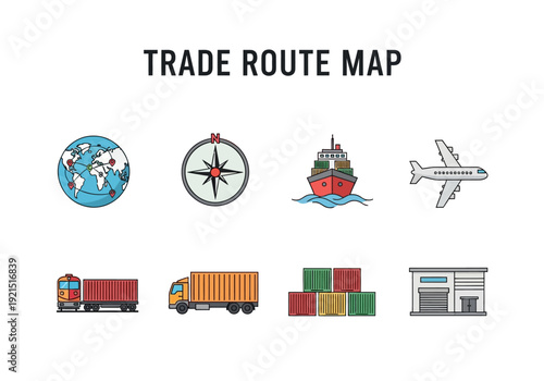 Navigational Icons for Global Trade Routes Shipping, Air Cargo, and Land Transport