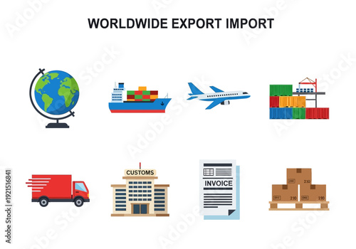 Global Export and Import Shipping, Logistics, and International Trade Icons