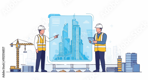 Two construction workers in hard hats and vests discuss a digital building blueprint on a large screen with construction equipment and materials around them.