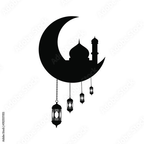 Silhouetted Crescent Moon Over Mosque with Lanterns, White Background, Capturing Serenity and Spirituality