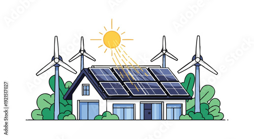 Illustration of a house with solar panels on the roof and wind turbines nearby under a sunny sky with green foliage.