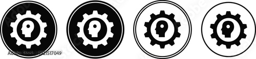 Human head with gear keyhole icons, cognitive process design, problem-solving concept, technical thinking artwork, intelligence symbol illustration, engineering creativity representation