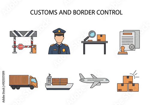 Set of Icons for Customs and Border Control, Featuring Security, Logistics, and Transportation