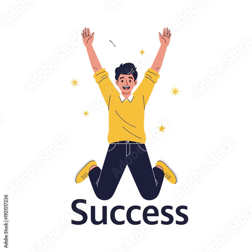 Vibrant illustration of a happy young man leaping with arms raised, embodying the concept of success, freedom, and the exultation of achieving a goal