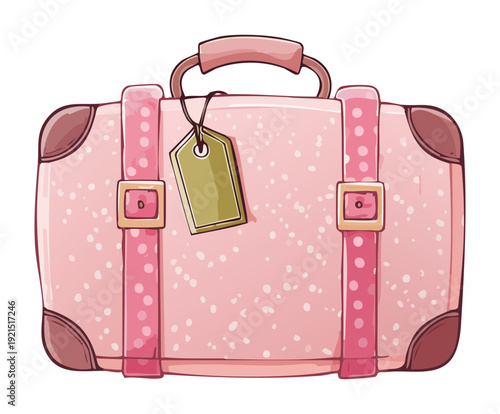Illustration of a pink vintage suitcase with a travel tag for feminine holiday planning and romantic vacation adventure concepts