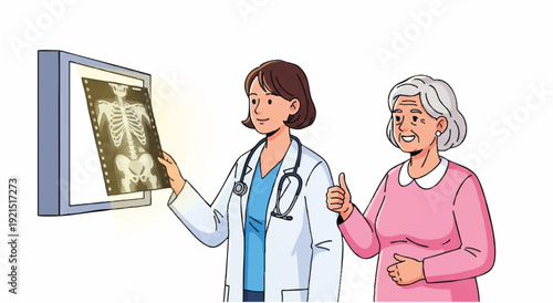 A female doctor in a white coat showing an X-ray image to a concerned elderly woman with gray hair in a pink sweater.