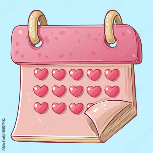 Illustration of a pink calendar showing heart shapes for feminine daily planning and romantic anniversary or wedding date reminders