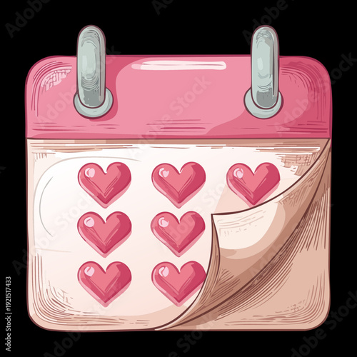 Illustration of a pink calendar with red hearts on a dark backdrop for romantic date planning and feminine event reminders