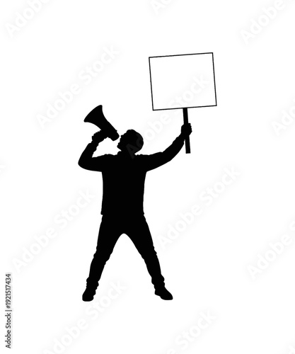 Silhouette protester holding blank sign and megaphone for activism and freedom of speech concept
