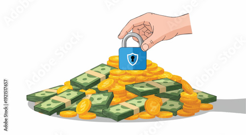 Illustration of a hand securing a pile of money with a padlock on a white background, symbolizing financial security and protection.