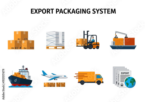 Illustrations of an export packaging system, showcasing logistics and shipping processes with various modes of transport