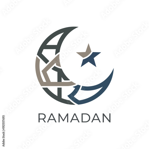 Modern Ramadan Logo Featuring Geometric Crescent, Star and Bold Text Against White Background