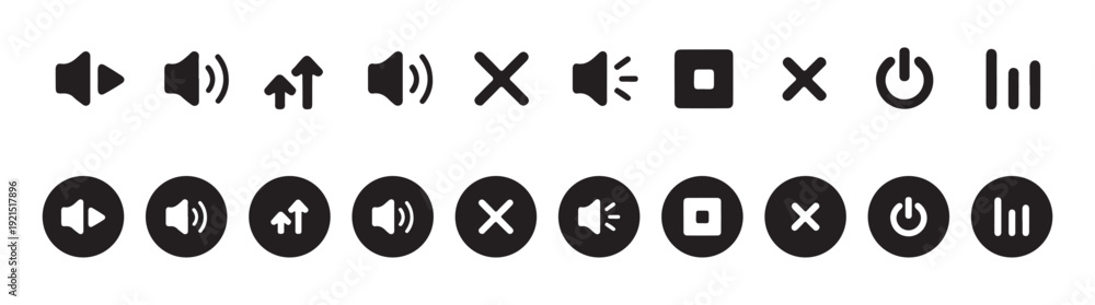 Obraz premium Complete set of multimedia icons including play pause volume mute power and volume level indicators