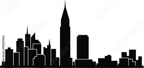 Black city skyline silhouette with modern skyscrapers and urban buildings, downtown cityscape panorama isolated on white background, metropolitan architecture illustration design