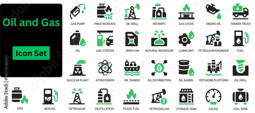 Silhouette vector of Oil and Gas icon set. Icons of fuel, refinery, petroleum, oil well, gas pump, offshore platform, lubricant, oil barrel and more.. Solid icons set.