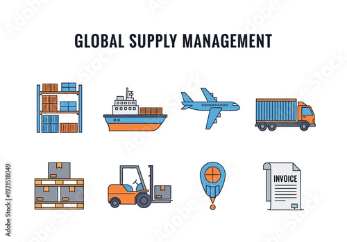 Global Supply Chain Logistics and Management Icons Representing Shipping and Freight