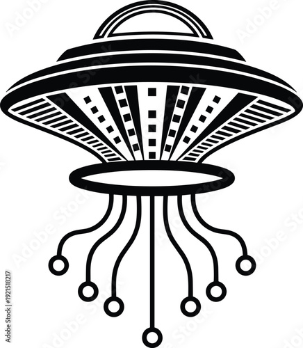 UFO illustration with saucer shape, dome top, geometric underside, tentacle beams, futuristic sci-fi design, extraterrestrial concept, space exploration artwork, alien theme