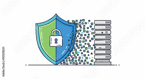 Illustration of a shield with a padlock next to servers surrounded by binary code on a white background with a blue and green color scheme conveying security and technology.