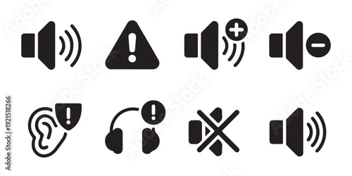 Comprehensive collection of sound management icons with hearing protection ear symbols and volume controls