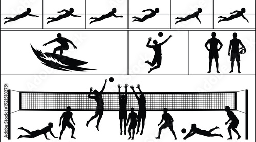 Black silhouette volleyball players in action with surfing and diving sequence, dynamic sports collection isolated on white background, athletic competition and teamwork concept illustration