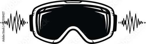 Virtual reality goggles icon, immersive VR headset illustration, futuristic technology concept, augmented sound waves, gaming simulation device, black vector design, minimal modern
