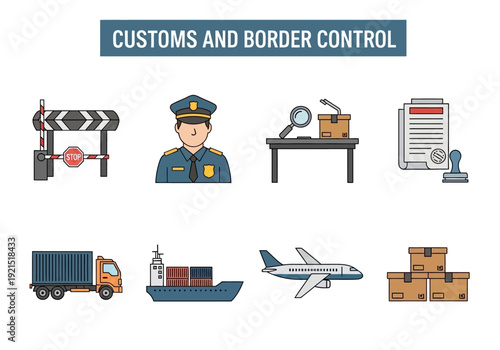Customs and Border Control Icons Shipping, Security, and Transportation
