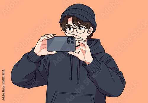 Young person wearing a beanie and glasses, capturing a moment with their smartphone, illustrating the blend of technology and personal expression in modern life