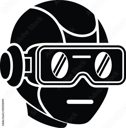 Virtual reality humanoid icon with goggles, augmented reality headset, futuristic technology design, immersive experience artwork, gaming simulation concept, digital innovation illustration
