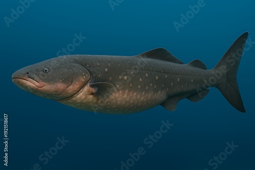 A large fish swimming in the deep ocean, viewed from the side, capturing the serene underwater environment and majestic marine life.