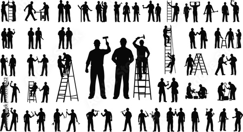 Construction workers silhouettes collection with tools and ladders, professional builders teamwork poses representing industrial labor, maintenance service and skilled trade occupations concept