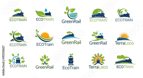Collection of eco train logos with green leaves and sun.
