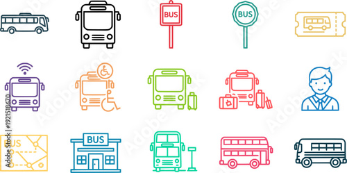 A collection of colorful bus-related icons for transportation, travel, and public transit.