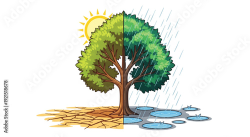 Illustration of a tree split in two with one side in sunshine and the other in rain, depicting contrasting weather conditions.