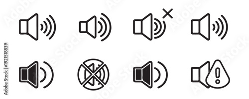 Audio speaker sound volume control linear icon set for user interface design in simple black and white style