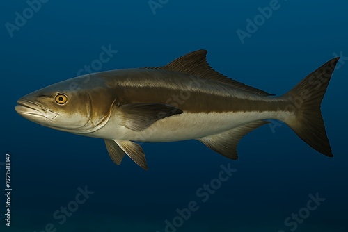 A large fish swimming alone in the deep blue ocean, viewed from the side.