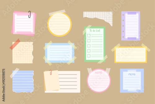 Collection of blank paper notes and stickers with washi tape, colorful memo pads, to do list and reminder templates for office or school, flat vector illustration on brown background.