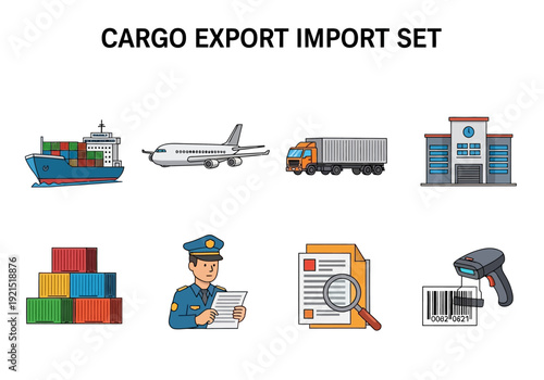 Set of Icons Representing Cargo Export and Import Services, Including Ships, Airplanes, Trucks, Warehouses, and Customs Officers