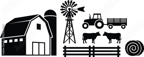 Farm agriculture silhouette set with barn, windmill, tractor, cows and fence, rural farming equipment and livestock icons representing countryside agribusiness and food production concept