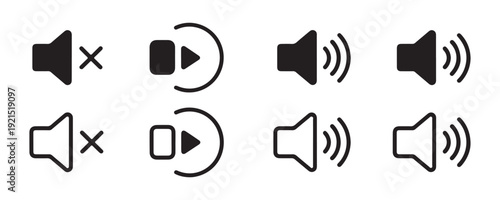 Audio playback volume control icons including solid and outline versions for modern software interface design