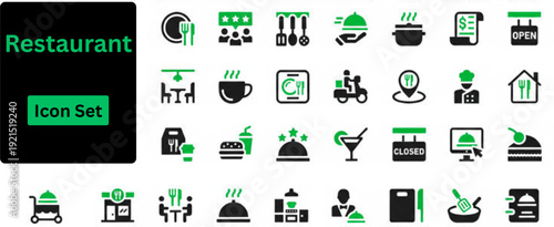 Silhouette vector of Restaurant icon set. Icons of burger pizza hot dog fries taco drink nuggets milkshake onion rings. Junk food collection.. Solid icons set.
