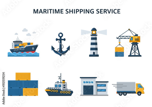 Maritime Shipping Service Icons Cargo Ship, Anchor, Lighthouse, Crane, Containers, Tugboat, Warehouse, Truck