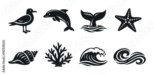 Seabird and marine life icons on neutral gradient background