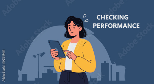 Stressed businesswoman analyzing digital performance metrics on a tablet, feeling overwhelmed by demanding work results and corporate expectations