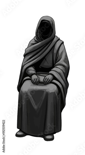 Enigmatic Hooded Figure Cloaked in Shadows, Sitting Silently with a Sense of Mysterious Awe and Somber Presence, evoking a feeling of hidden secrets and ancient lore