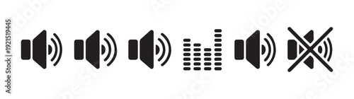 Set of sound level speaker icons. speaker volume, sound wave, equalizer, and mute audio symbol vectors