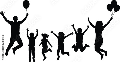 Happy family silhouettes jumping with balloons, parents and children celebrating together, joyful parenting and childhood happiness concept isolated on white background