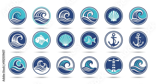 Collection of nautical icons with waves anchors fish and shells.