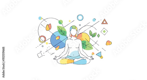 Illustration of a meditating person surrounded by colorful geometric shapes and nature elements in a vibrant, abstract composition.